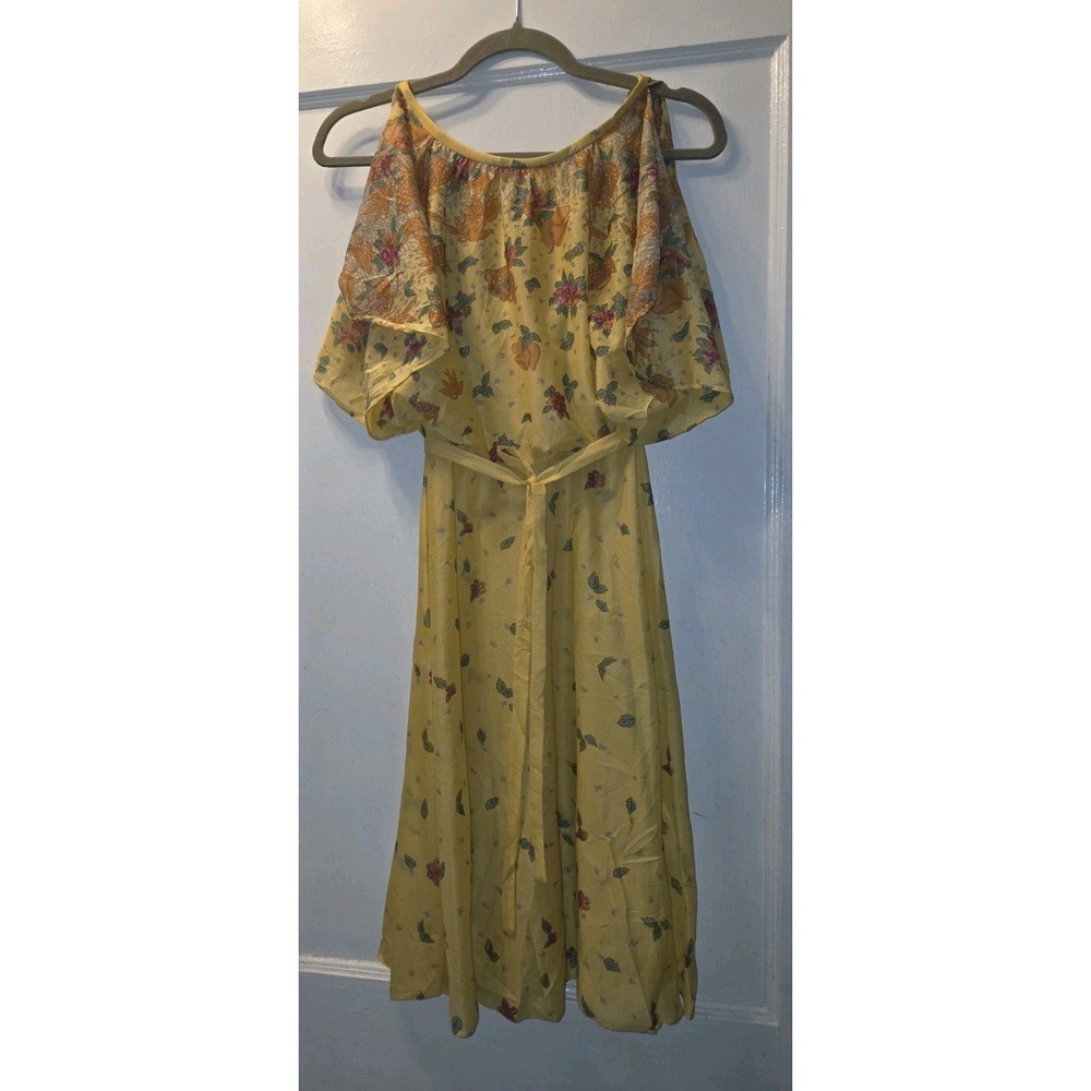 True Vintage  70's Yellow Chiffon Midi Dress. Floral. Off Shoulder Blousan. XS